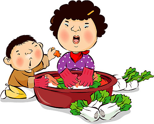 EPS 캐릭터 한국전통 사계절 계절 여자 남자 어린이 겨울 일러스트 자연 엄마 김치 전통캐릭터 새해 사람 소년 두명 배추 아줌마 김장 입동 국내일러스트 일러캐릭터 전통 한식 중년 채소 가족 한국 절기 생태계 주부 파일형식 벡터