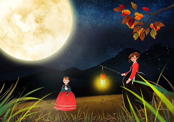 PSD 여자 어린이 일러스트 감 사람 성인 야외 두명 추석 보름달 달 가을 풀 야간 한복 감나무 청사초롱 국내일러스트 자연요소 나무 식물 한국전통 계절 명절 과일 전통의상 초롱 파일형식