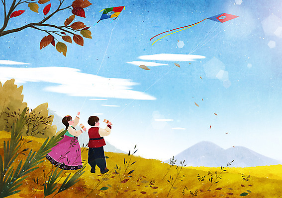 주간 PSD 여자 남자 어린이 낙엽 일러스트 사람 야외 두명 추석 가을 한복 연 연날리기 국내일러스트 자연요소 한국전통 계절 명절 잎 놀이용품 전통놀이 전통의상 파일형식