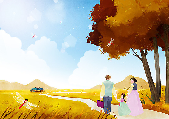 주간 PSD 나무 여자 남자 어린이 일러스트 가족 사람 성인 야외 세명 추석 손잡기 가을 잠자리 한복 시골길 국내일러스트 자연요소 식물 한국전통 계절 명절 길 곤충 관계 모션 전통의상 파일형식