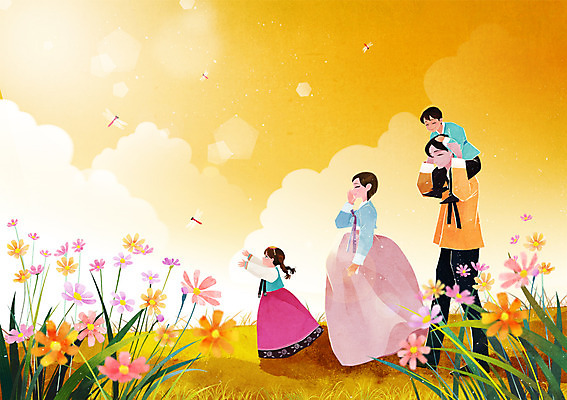 주간 PSD 여자 남자 어린이 일러스트 가족 사람 초원 여러명 성인 야외 추석 산책 가을 목말 잠자리 한복 코스모스 국내일러스트 자연요소 한국전통 계절 명절 꽃 다수 곤충 관계 모션 휴식 전통의상 파일형식