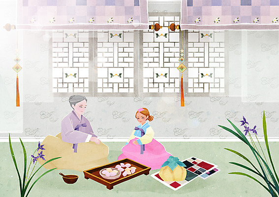 PSD 여자 노년 할머니 화초 어린이 일러스트 손녀 실내 사람 앉기 성인 두명 추석 가을 보자기 한복 송편 송편빚기 손녀딸 국내일러스트 식물 한국전통 계절 명절 모션 떡 내부 전통의상 손주 요리중 파일형식 천_직물