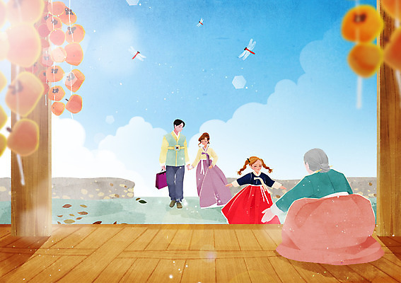 주간 PSD 여자 노년 남자 어린이 일러스트 감 사람 여러명 성인 야외 추석 가을 마루 잠자리 한복 고향 귀성길 국내일러스트 자연요소 한국전통 계절 명절 다수 곤충 과일 바닥 전통의상 파일형식