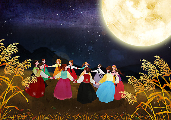 PSD 여자 어린이 일러스트 산 갈대 사람 소녀 여러명 야외 추석 보름달 달 가을 야간 한복 강강술래 국내일러스트 자연요소 식물 한국전통 계절 명절 다수 전통놀이 전통의상 파일형식