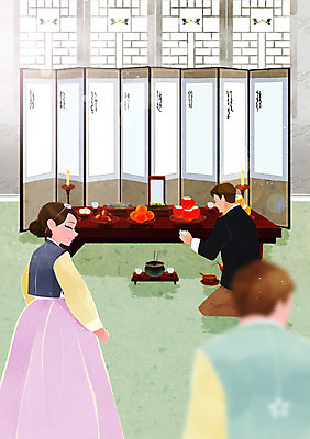 PSD 여자 남자 일러스트 가족 실내 사람 성인 아웃포커스 세명 추석 한복 제사 병풍 향 제사상 창호문 국내일러스트 한국전통 명절 관계 촬영기법 내부 문 전통의상 전통의례 파일형식