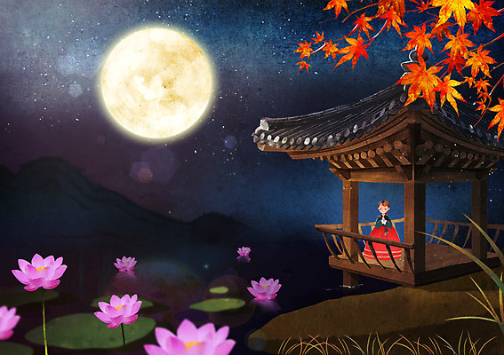 PSD 여자 어린이 단풍 일러스트 연꽃 한명 사람 야외 추석 보름달 달 가을 야간 한복 정자 국내일러스트 자연요소 1 한국전통 건축물 계절 명절 꽃 잎 전통의상 파일형식