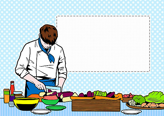 PSD 직업 그릇 남자 채소 일러스트 프레임 도마 한명 사람 성인 요리사 자신감 양념 칼 조리복 팝아트 열정 식칼 음식준비 자부심 남자만 성인남자만 국내일러스트 1 식기 감정 유니폼 주방용품 준비 그림 성인만 파일형식