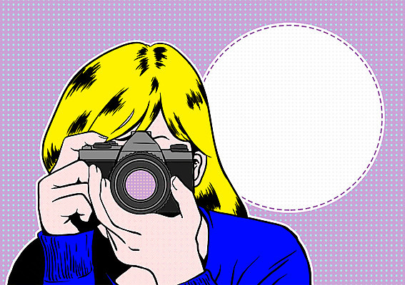 PSD 직업 여자 일러스트 프레임 한명 사람 성인 카메라 사진촬영 자신감 사진사 팝아트 열정 자부심 여자만 성인여자만 국내일러스트 1 감정 전자제품 촬영 작가 그림 성인만 파일형식