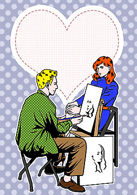 전신 PSD 직업 여자 남자 종이 의자 일러스트 프레임 사람 앉기 성인 두명 하트 붓 자신감 그리기 이젤 팝아트 열정 화가 자부심 국내일러스트 모양 감정 가구 모션 미술도구 그림 파일형식