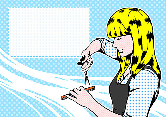 PSD 직업 여자 일러스트 프레임 가위 한명 사람 성인 머리빗 자신감 미용사 팝아트 열정 자부심 국내일러스트 1 감정 문구용품 미용용품 그림 파일형식