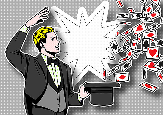 PSD 직업 남자 일러스트 프레임 한명 사람 성인 마술사 자신감 트럼프 팝아트 열정 마술사모자 마술사복장 자부심 국내일러스트 모자_잡화 1 옷 감정 놀이용품 마술 그림 파일형식