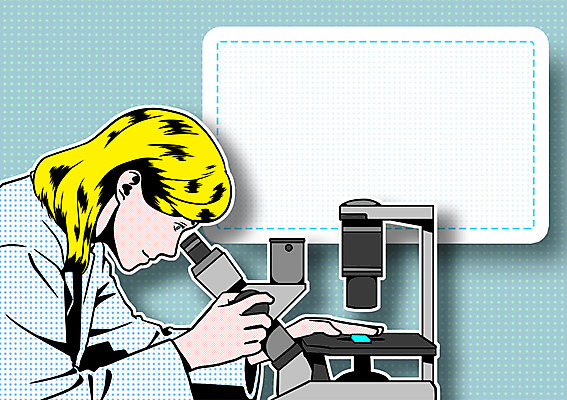 PSD 직업 여자 일러스트 프레임 현미경 실험 한명 사람 성인 자신감 연구원 과학자 팝아트 열정 자부심 국내일러스트 1 감정 과학 실험기구 그림 학자 파일형식