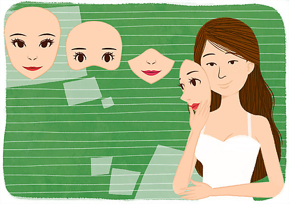 PSD 여자 얼굴 일러스트 새로움 가면 마스크 한명 사람 상반신 성인 뷰티 변화 성형수술 과정 성형미인 국내일러스트 1 컨셉 신체부위 수술 미인 파일형식