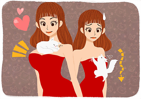 PSD 여자 두마리 일러스트 새로움 사람 성인 두명 뷰티 고양이 비교 변화 성형수술 몸매 과정 성형미인 하트모형 국내일러스트 컨셉 2 포유류 반려동물 모형 수술 미인 파일형식