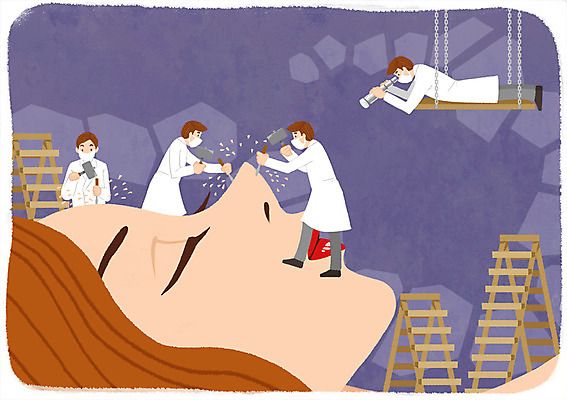 PSD 여자 남자 얼굴 조각 일러스트 사다리 새로움 사람 여러명 성인 신체부위 뷰티 망원경 의사 수술 변화 성형수술 망치 과정 성형미인 국내일러스트 다수 컨셉 의학 치료 의료진 도구 공구 미인 파일형식