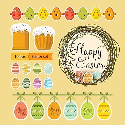 EPS 해외이미지 리본 백그라운드 일러스트 휴가 부활절 세트 케이크 계란 봄 그리기 컵케이크 활 해외202004 해외일러스트 계절 기념일 모션 디저트 알 파일형식 벡터 이미지허브