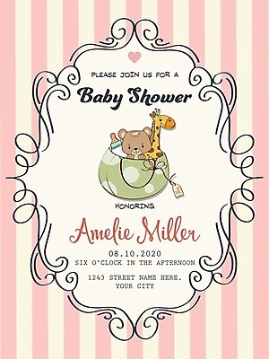 EPS 해외이미지 기념일 분홍색 백그라운드 가방 일러스트 타이포그라피 사람없음 곰인형 젖병 기린 초대 해외일러스트 문자 잡화 인형 컬러 포유류 이벤트 아기용품 파일형식 벡터 이미지허브