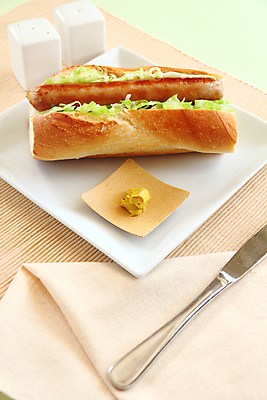 포토 JPG 해외이미지 접시 실내 사람없음 나이프 머스터드 핫도그 테이블매트 초록배경 해외202004 해외포토 식기 음식 백그라운드 패스트푸드 내부 초록색 식탁보 소스_음식 칼 파일형식 이미지허브