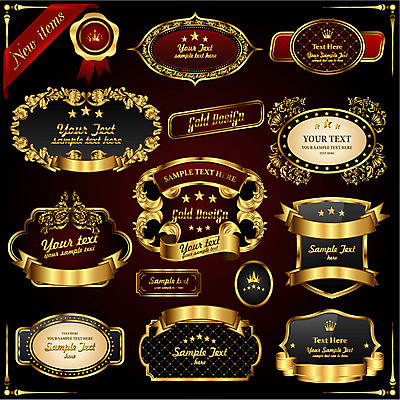 EPS 해외이미지 리본 스티커 일러스트 왕관 사람없음 세트 라벨 금색 화려 심볼 복고 배지 고딕 고딕양식 프리미엄 해외202004 해외일러스트 컬러 컨셉 프레임 파일형식 벡터 이미지허브
