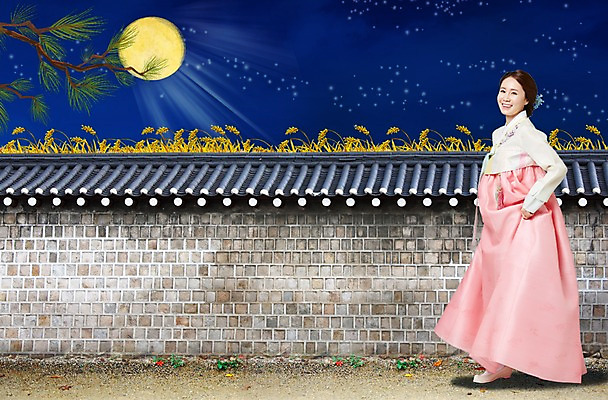 전신 PSD 편집이미지 여자 백그라운드 한명 서기 사람 성인 야외 담장 추석 한국인 벼 보름달 소나무 야간 한복 정월대보름 여자만 성인여자만 이미지편집 자연요소 나무 1 한국전통 명절 모션 곡류 동양인 달 전통의상 성인만 파일형식