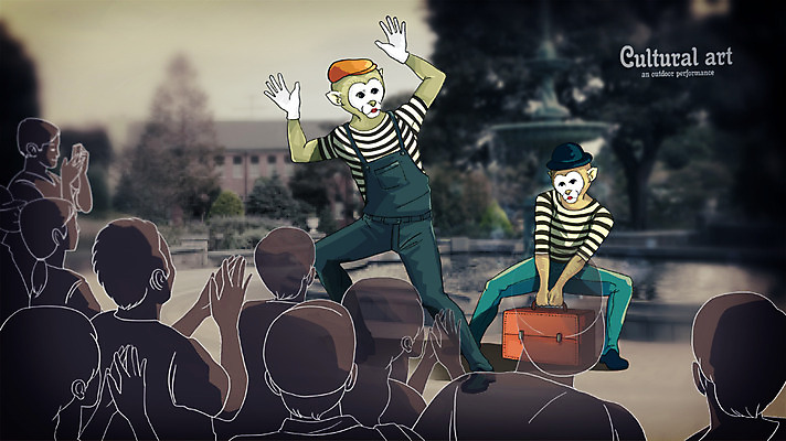 주간 PSD 편집 편집이미지 문화 예술 포토일러 의인화 사람 여러명 야외 원숭이 군중 마임 합성 거리공연 소통 길거리공연 평등 이미지편집 자연요소 다수 컨셉 포유류 공연 파일형식