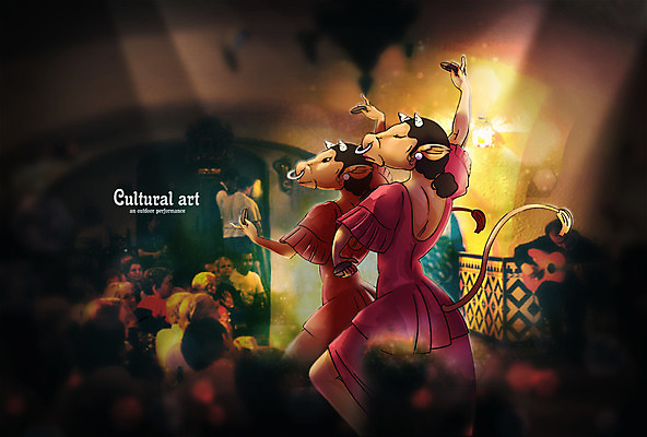 PSD 편집 편집이미지 문화 예술 포토일러 실내 의인화 사람 여러명 공연 춤 군중 공연장 황소 합성 소통 캐스터네츠 평등 이미지편집 다수 컨셉 문화예술 타악기 이벤트 내부 소 극장 파일형식