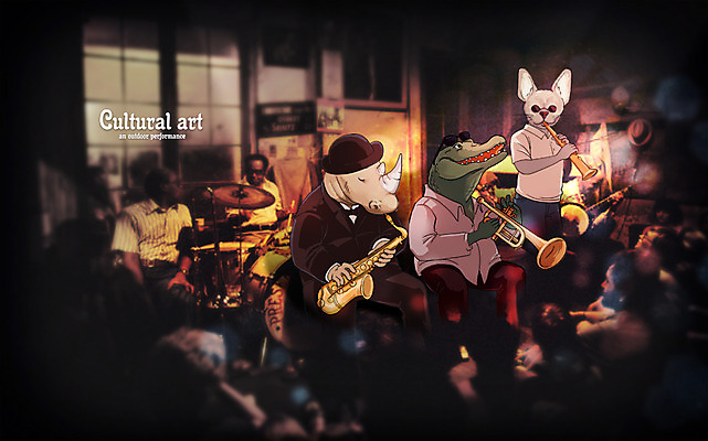 PSD 편집 편집이미지 문화 예술 연주 포토일러 실내 의인화 사람 여러명 공연 군중 색소폰 합성 드럼 트럼펫 재즈 소통 평등 이미지편집 음악 다수 컨셉 타악기 이벤트 내부 목관악기 금관악기 파일형식