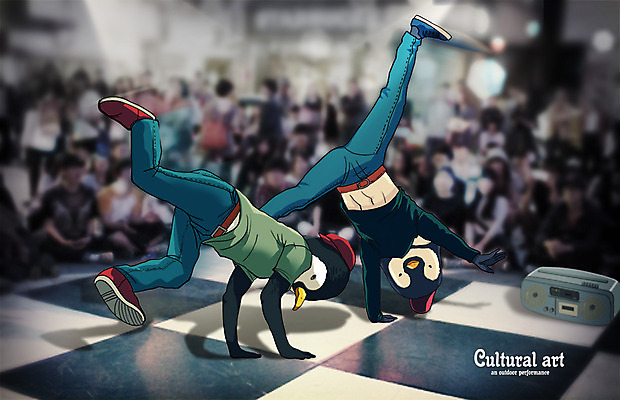 PSD 편집 편집이미지 문화 예술 포토일러 의인화 사람 여러명 야외 공연 무대 군중 비보이 펭귄 라디오 합성 소통 평등 이미지편집 다수 컨셉 조류 이벤트 전자제품 춤 파일형식