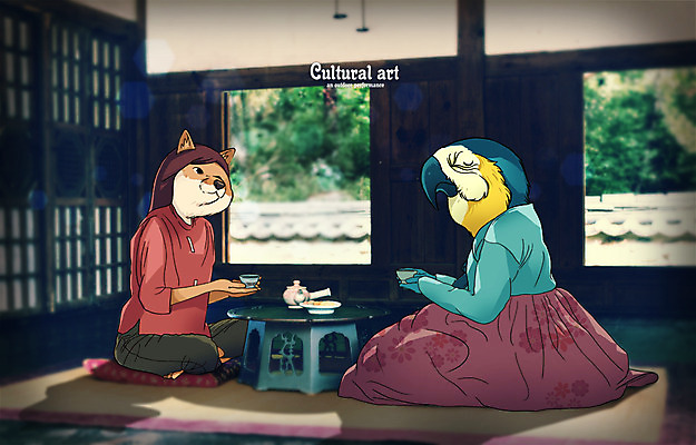 PSD 편집 편집이미지 문화 여유 예술 포토일러 티타임 한옥 실내 의인화 사람없음 찻잔 다도 한복 찻주전자 합성 앵무새 소통 평등 이미지편집 한국전통 감정 컨셉 고건축 조류 주전자 휴식 잔 내부 예절 전통의상 파일형식