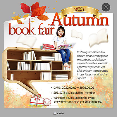 PSD 템플릿 여자 어린이 웹템플릿 단풍 책장 팝업 이벤트팝업 웹팝업 한명 이벤트 책 독서 한국인 가을 레이어팝업 이미지템플릿 1 계절 가구 잎 사람 동양인 파일형식