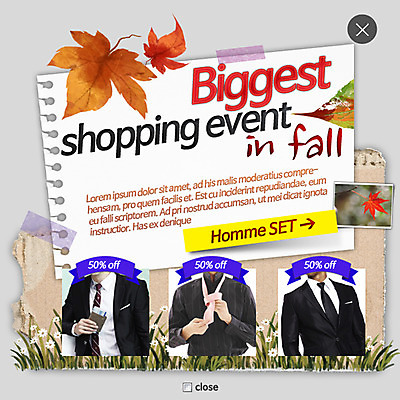 PSD 템플릿 꽃 웹템플릿 낙엽 팝업 이벤트팝업 웹팝업 사람 정장 이벤트 세명 쇼핑 세일 가을 레이어팝업 이미지템플릿 식물 옷 계절 잎 파일형식