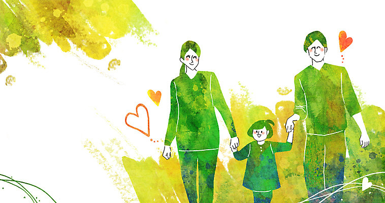 PSD 여자 남자 행복 어린이 일러스트 가족 엄마 사랑 사람 성인 세명 손잡기 화목 다정 하트 국내일러스트 모양 감정 컨셉 관계 모션 파일형식