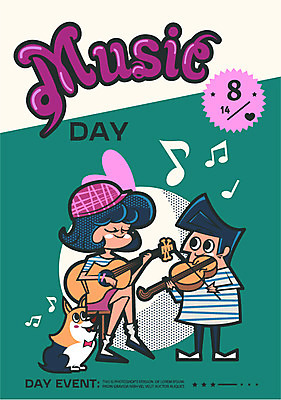 캐릭터 한마리 여자 기념일 남자 음악 연주 음표 일러스트 데이이벤트 사람 이벤트 성인 기타 강아지 바이올린 데이 뮤직데이 국내일러스트 일러캐릭터 AI파일 1 기호 현악기 문화예술 반려동물 개 파일형식 벡터