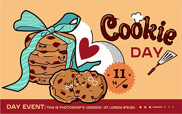 캐릭터 기념일 리본 일러스트 데이이벤트 요리사모자 이벤트 사람없음 쿠키 과자 데이 뒤집개 쿠키데이 국내일러스트 일러캐릭터 AI파일 모자_잡화 주방용품 디저트 요리사 파일형식 벡터