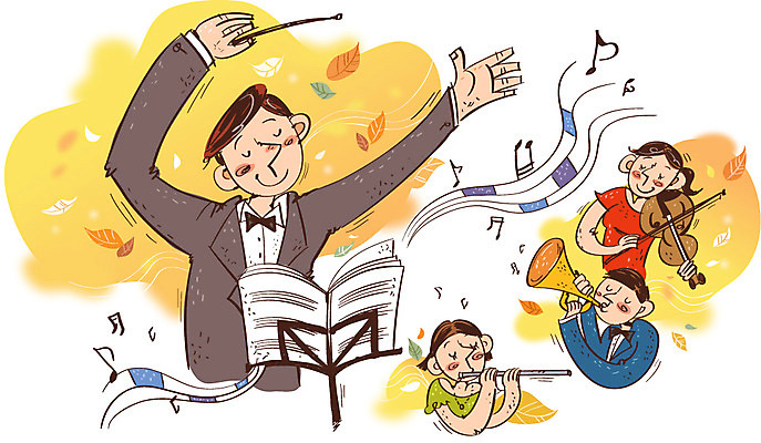 여자 남자 문화 예술 악기 낙엽 연주 음표 일러스트 문화예술 사람 여러명 성인 가을 자신감 플루트 바이올린 열정 트럼펫 지휘봉 지휘자 지휘 지휘대 국내일러스트 AI파일 기호 계절 감정 음악 다수 잎 현악기 관악기 음악가 금관악기 파일형식 벡터