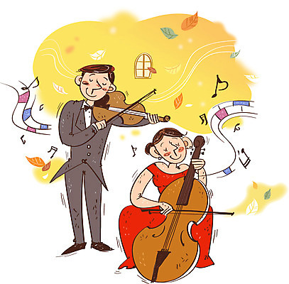 여자 남자 문화 예술 악기 낙엽 연주 음표 일러스트 문화예술 사람 성인 두명 가을 자신감 바이올린 열정 첼로 국내일러스트 AI파일 기호 계절 감정 음악 잎 현악기 파일형식 벡터 찰현악기