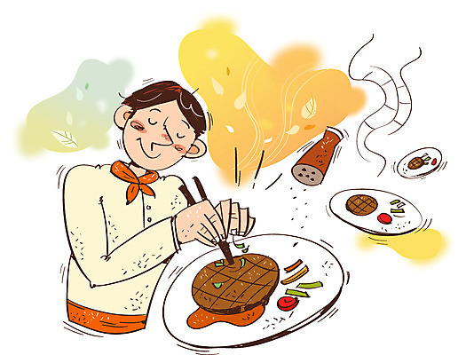 접시 남자 문화 예술 낙엽 일러스트 젓가락 문화예술 스테이크 한명 사람 성인 요리사 가을 자신감 조리복 열정 국내일러스트 AI파일 직업 1 식기 계절 감정 유니폼 잎 서양음식 수저 파일형식 벡터