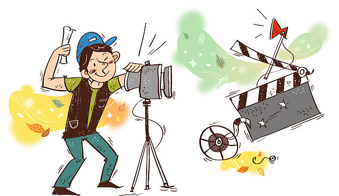 남자 문화 예술 낙엽 일러스트 문화예술 사람 성인 가을 자신감 클래퍼보드 필름 열정 영화감독 촬영카메라 국내일러스트 AI파일 계절 감정 잎 카메라 감독 파일형식 벡터