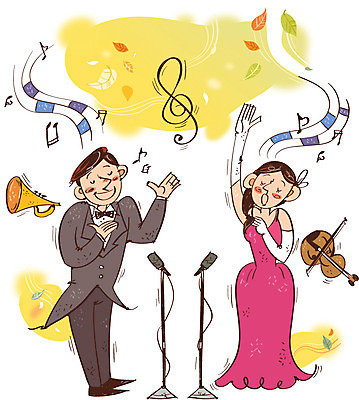 드레스 여자 남자 문화 예술 악기 낙엽 음표 일러스트 노래 문화예술 사람 정장 턱시도 성인 두명 가을 자신감 높은음자리표 바이올린 마이크 성악가 열정 트럼펫 성악 소프라노 테너 국내일러스트 AI파일 기호 옷 계절 감정 음악 음향기기 잎 현악기 가수 금관악기 파일형식 벡터