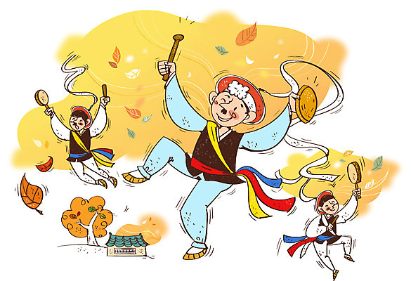 나무 남자 문화 예술 낙엽 일러스트 문화예술 기와집 사람 성인 세명 가을 자신감 사물놀이 열정 꽹과리 꽹과리채 국내일러스트 AI파일 식물 계절 감정 잎 타악기 한옥 국악기 전통놀이 전통공연 파일형식 벡터