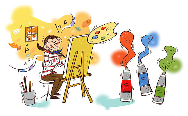 여자 문화 예술 낙엽 일러스트 창문 문화예술 한명 사람 성인 물감 가을 붓 자신감 팔레트 물통 이젤 열정 화가 국내일러스트 AI파일 직업 1 계절 감정 잎 미술도구 파일형식 벡터