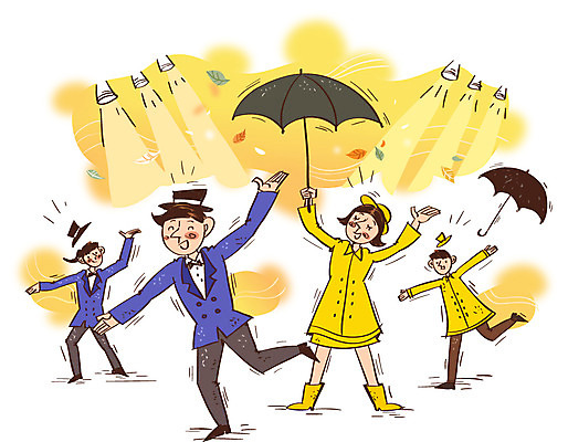 모자 여자 남자 문화 예술 낙엽 일러스트 우산 문화예술 조명 사람 정장 턱시도 여러명 성인 공연 가을 자신감 열정 우비 뮤지컬 국내일러스트 AI파일 잡화 옷 계절 감정 다수 잎 이벤트 파일형식 벡터