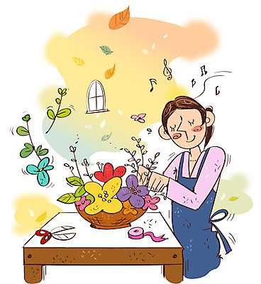 여자 꽃 리본 문화 예술 낙엽 음표 일러스트 창문 문화예술 가위 한명 사람 성인 가을 자신감 꽃꽂이 열정 국내일러스트 AI파일 식물 1 기호 계절 감정 음악 잎 문구용품 원예 파일형식 벡터