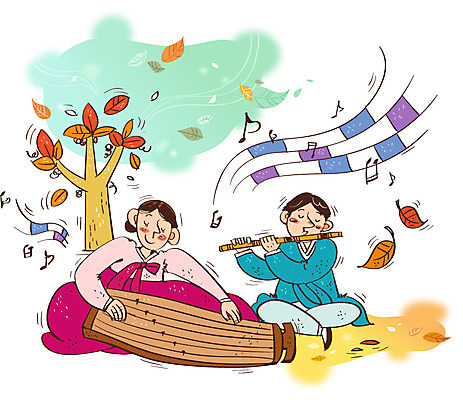 나무 여자 남자 문화 예술 낙엽 연주 음표 일러스트 문화예술 국악 사람 성인 두명 가을 자신감 한복 열정 거문고 대금 국내일러스트 AI파일 식물 한국전통 전통 기호 계절 감정 음악 잎 현악기 국악기 전통의상 목관악기 파일형식 벡터