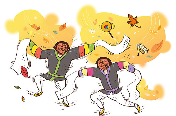 문화 예술 낙엽 일러스트 문화예술 사람 성인 두명 가을 자신감 부채 탈춤 탈 열정 소고 국내일러스트 AI파일 계절 감정 잎 타악기 국악기 가면 전통공연 전통무용 파일형식 벡터