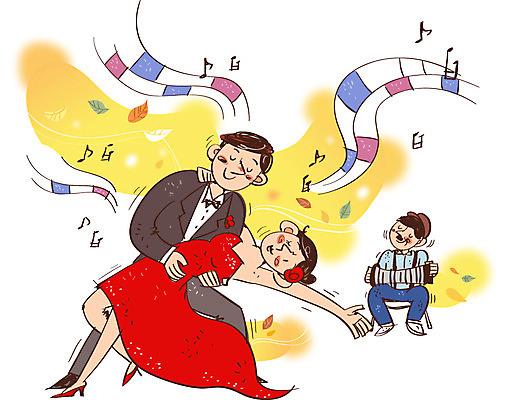 여자 남자 문화 예술 낙엽 연주 음표 일러스트 문화예술 사람 성인 세명 가을 춤 자신감 열정 아코디언 탱고 국내일러스트 AI파일 기호 계절 감정 음악 잎 건반악기 파일형식 벡터