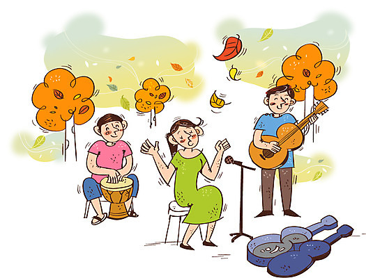 나무 여자 남자 문화 예술 낙엽 의자 일러스트 노래 문화예술 사람 성인 세명 공연 가을 기타 자신감 북 마이크 열정 길거리공연 국내일러스트 AI파일 식물 계절 감정 음악 음향기기 가구 잎 현악기 타악기 이벤트 파일형식 벡터