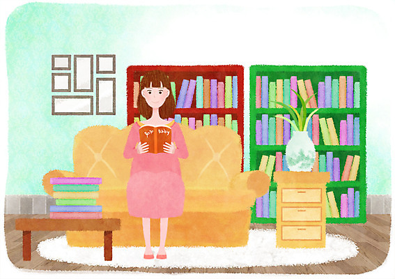 PSD 여자 화분 액자 거실 일러스트 탁자 휴식 책장 실내 한명 앉기 성인 책 소파 독서 임산부 임신 편안함 서랍장 국내일러스트 1 가구 컨셉 의자 모션 사람 내부 감각 파일형식