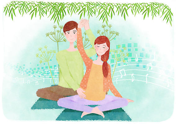 PSD 부부 여자 남자 음표 일러스트 요가 성인 두명 운동 임산부 임신 매트 풀잎 오선지 임산부요가 국내일러스트 기호 웰빙 커플 음악 잎 건강 사람 풀_식물 악보 오선 파일형식