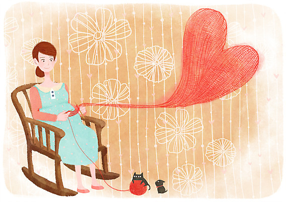 PSD 여자 꽃 행복 꽃백그라운드 일러스트 한명 성인 고양이 임산부 임신 하트 뜨개질 털실 흔들의자 설레임 국내일러스트 모양 식물 1 감정 백그라운드 의자 포유류 사람 취미 반려동물 실 파일형식